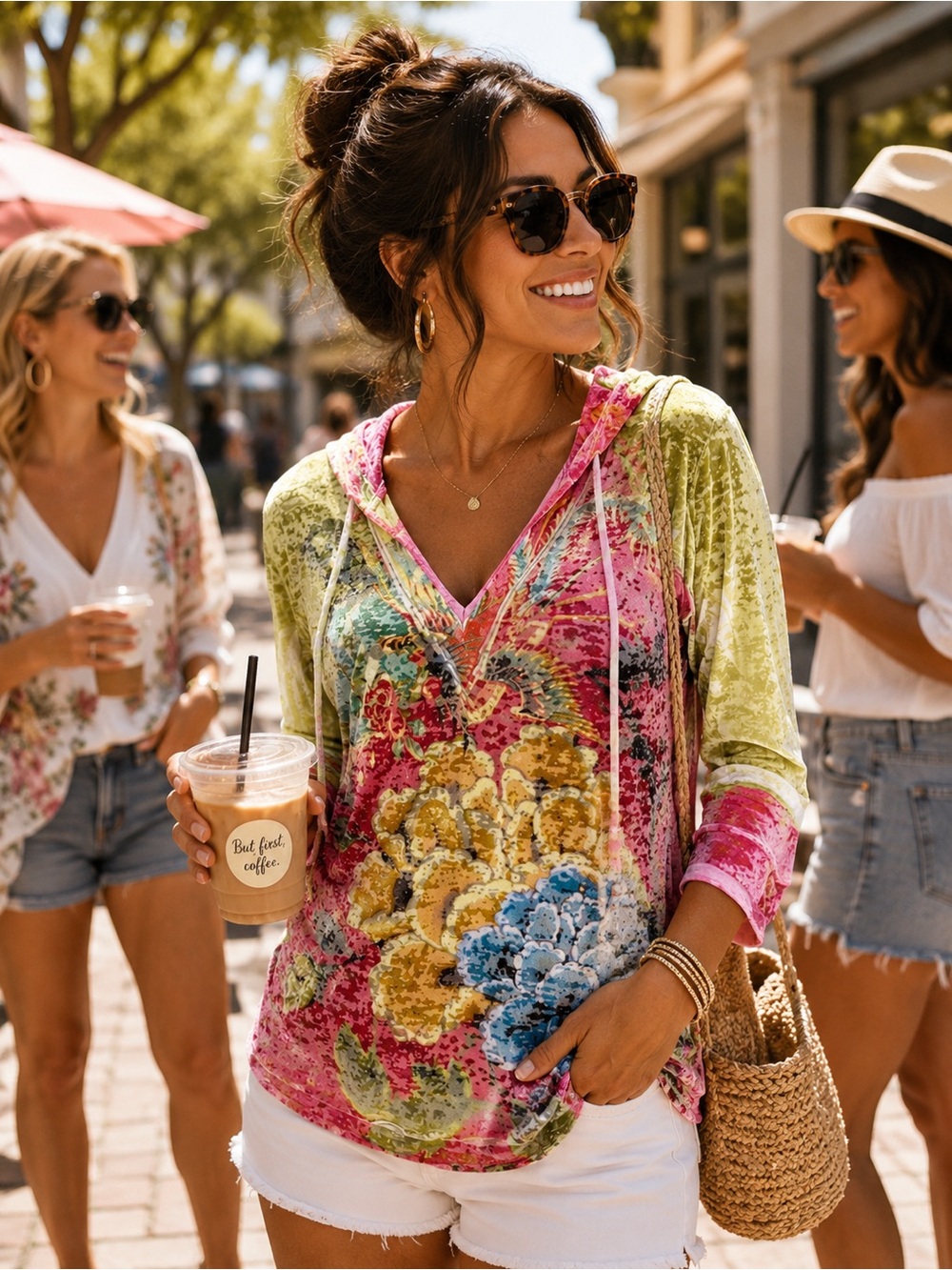 NALLY & MILLIE Women's Multi-Color Floral Hacci Slub Hoodie Sz MED